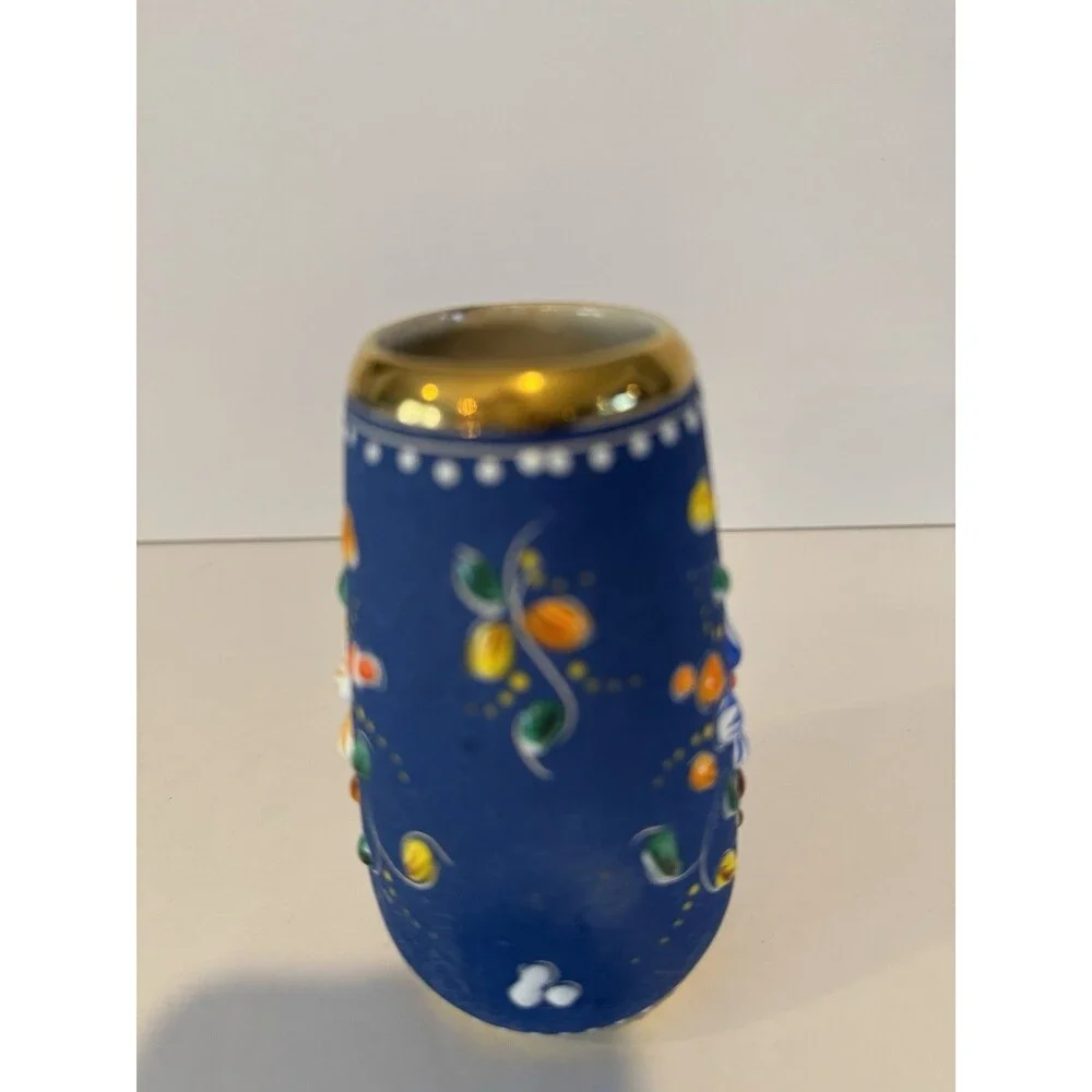 Hand Painted AVA Alcobaca Portugal Floral Blue & Gold Ceramic Vase 4.5 in